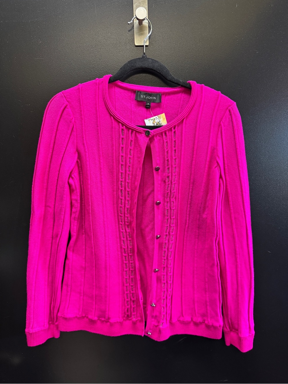 St. John Vibrant Pink Ribbed Button-Front Cardigan